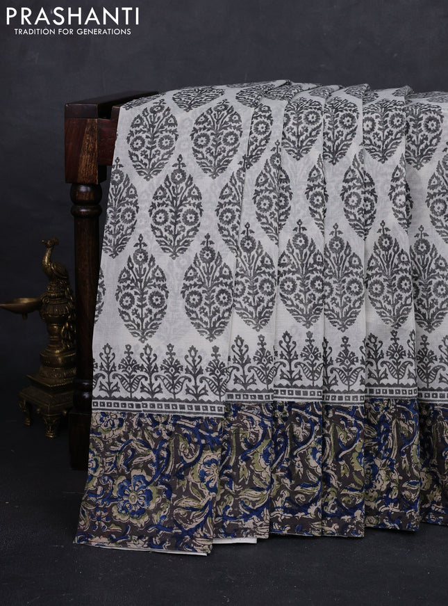 Off White & Grey Cotton Block Printed Saree - Kalamkari Applique Border