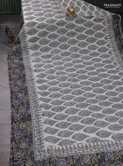 Off White & Grey Cotton Block Printed Saree - Kalamkari Applique Border
