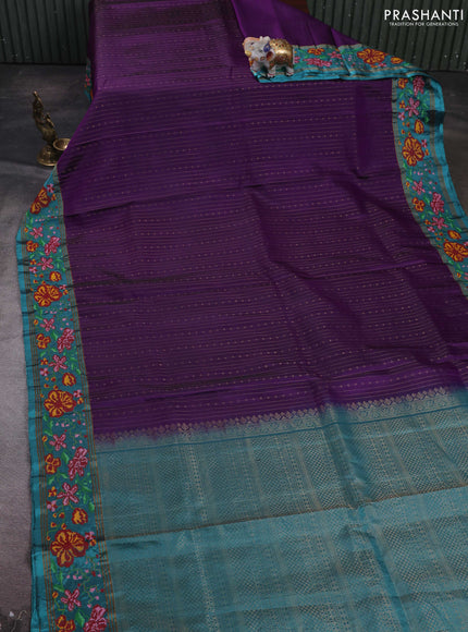 Violet & Teal Blue Pure Soft Silk - Embroidery