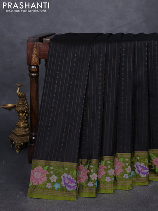 Black & Mehendi Green Pure Soft Silk - Embroidery