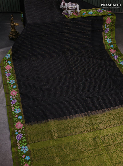 Black & Mehendi Green Pure Soft Silk - Embroidery