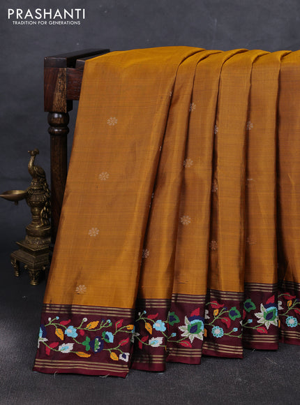Mustard & Maroon Pure Soft Silk - Embroidery