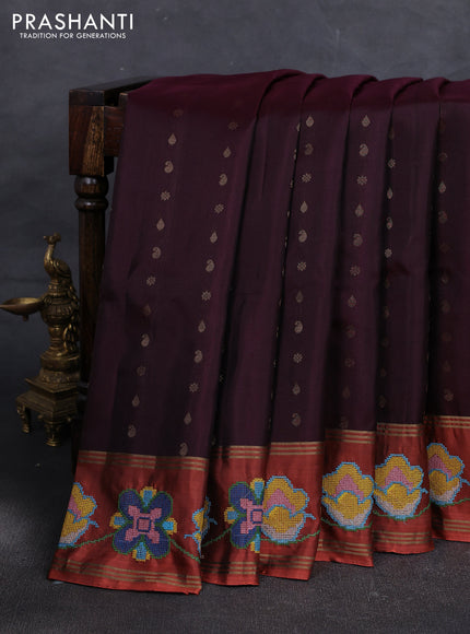 Wine  & Rust Pure Soft Silk - Embroidery