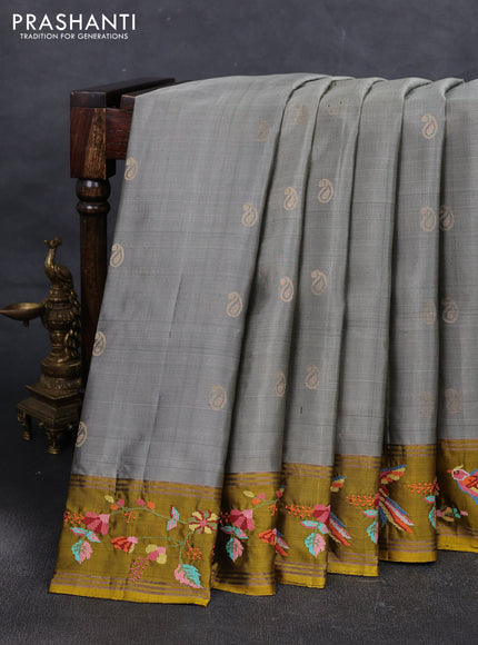 Grey & Yellow Pure Soft Silk - Embroidery