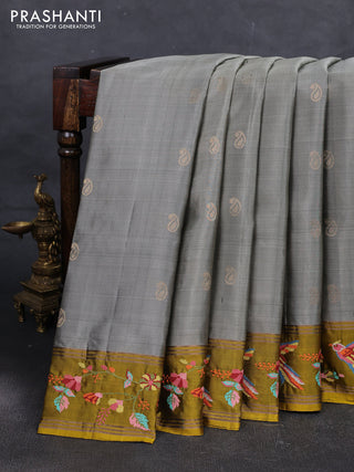 Grey & Yellow Pure Soft Silk - Embroidery