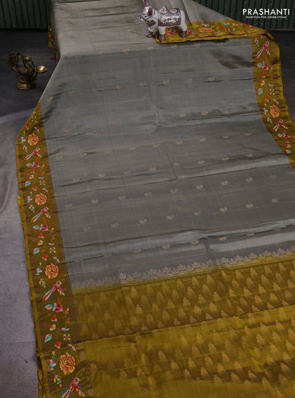 Grey & Yellow Pure Soft Silk - Embroidery