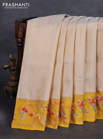 Beige & Yellow Pure Soft Silk - Embroidery