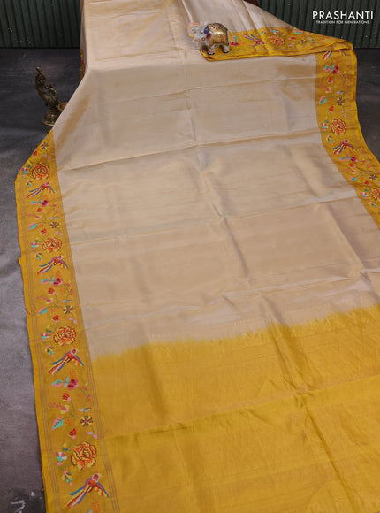 Beige & Yellow Pure Soft Silk - Embroidery
