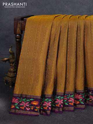 Mustard & Purple Pure Soft Silk - Embroidery