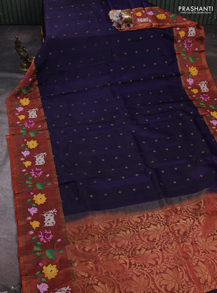 Navy Blue & Rust Pure Soft Silk - Embroidery