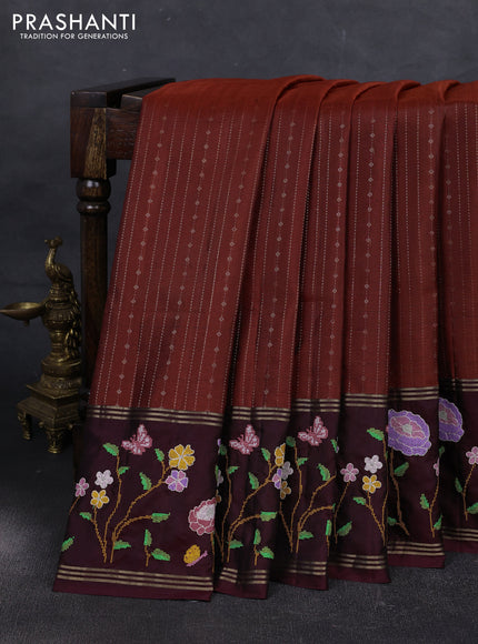 Rust & Maroon Pure Soft Silk - Embroidery