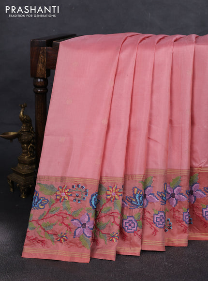 Peach Pink & Peach Pure Soft Silk - Embroidery