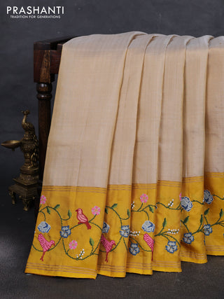 Beige & Yellow Pure Soft Silk - Embroidery