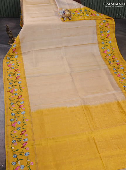 Beige & Yellow Pure Soft Silk - Embroidery