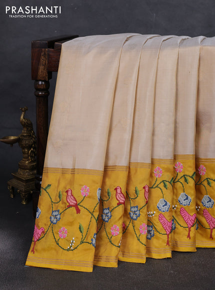 Beige & Yellow Pure Soft Silk - Embroidery