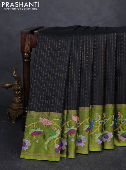 Black & Mehendi Green Pure Soft Silk - Embroidery