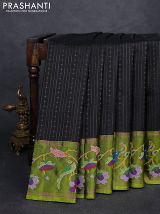 Black & Mehendi Green Pure Soft Silk - Embroidery