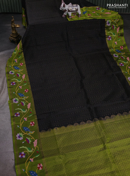 Black & Mehendi Green Pure Soft Silk - Embroidery