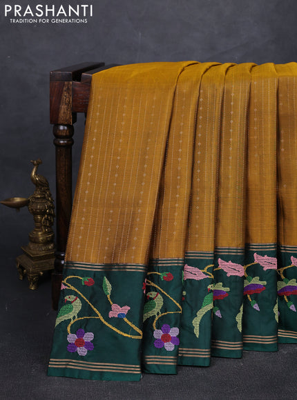 Mustard & Bottle Green Pure Soft Silk - Embroidery