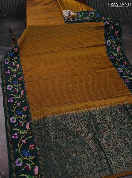 Mustard & Bottle Green Pure Soft Silk - Embroidery