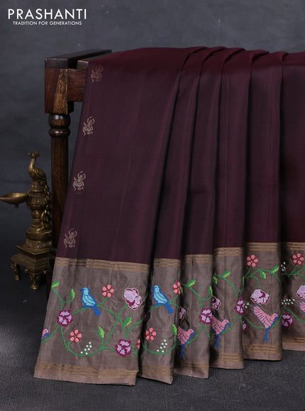 Wine & Pastel Brown Pure Soft Silk - Embroidery