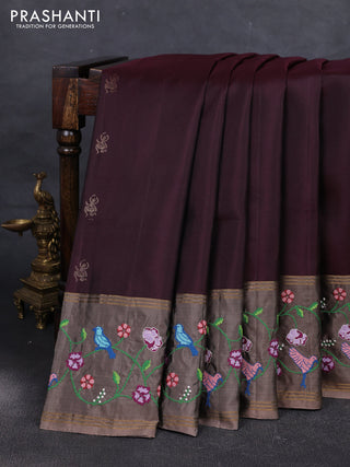 Wine & Pastel Brown Pure Soft Silk - Embroidery