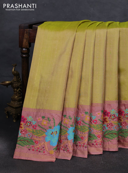 Lime Green & Pastel Peach Pure Soft Silk - Embroidery