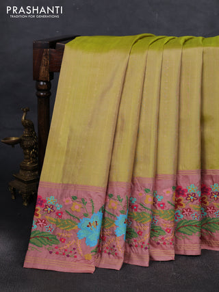 Lime Green & Pastel Peach Pure Soft Silk - Embroidery