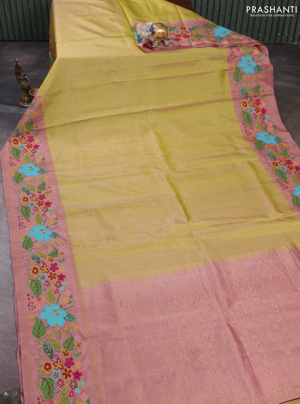 Lime Green & Pastel Peach Pure Soft Silk - Embroidery