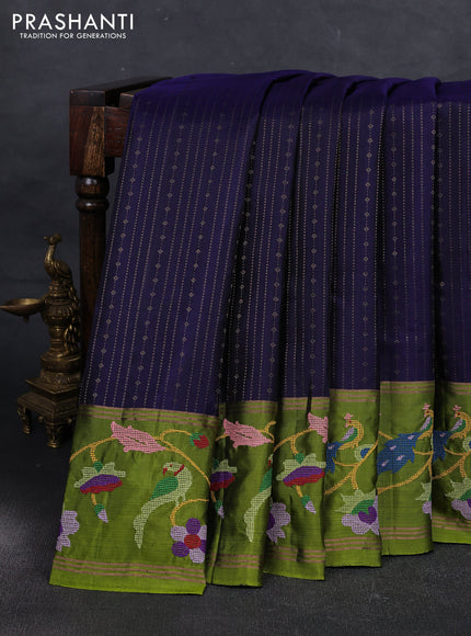 Navy Blue & Mehendi Green Pure Soft Silk - Embroidery