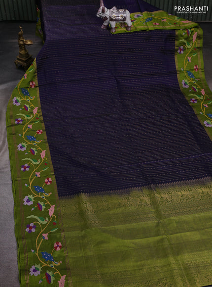 Navy Blue & Mehendi Green Pure Soft Silk - Embroidery