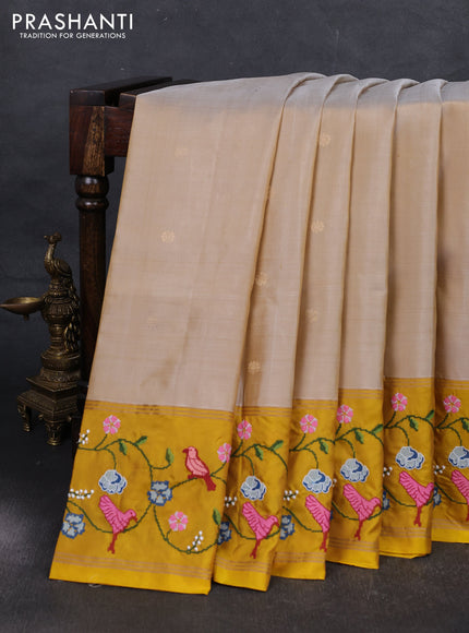 Beige & Yellow Pure Soft Silk - Embroidery
