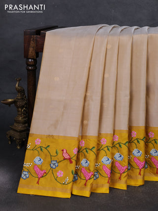 Beige & Yellow Pure Soft Silk - Embroidery