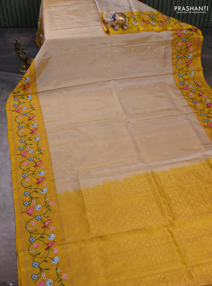 Beige & Yellow Pure Soft Silk - Embroidery