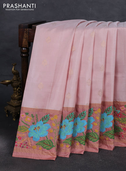Beige & Pastel Peach Pure Soft Silk - Embroidery