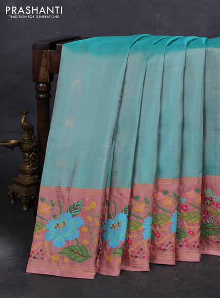 Teal Blue & Pastel Peach Pure Soft Silk - Embroidery