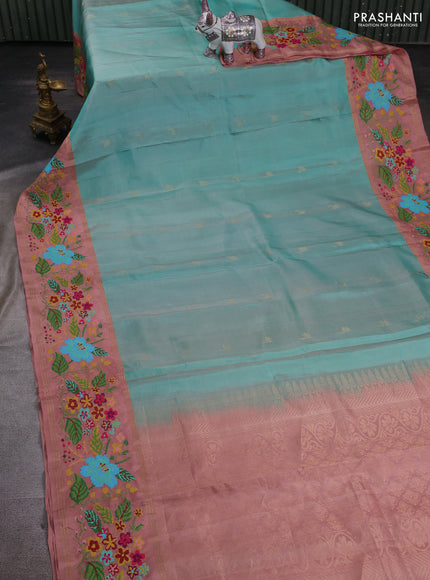 Teal Blue & Pastel Peach Pure Soft Silk - Embroidery