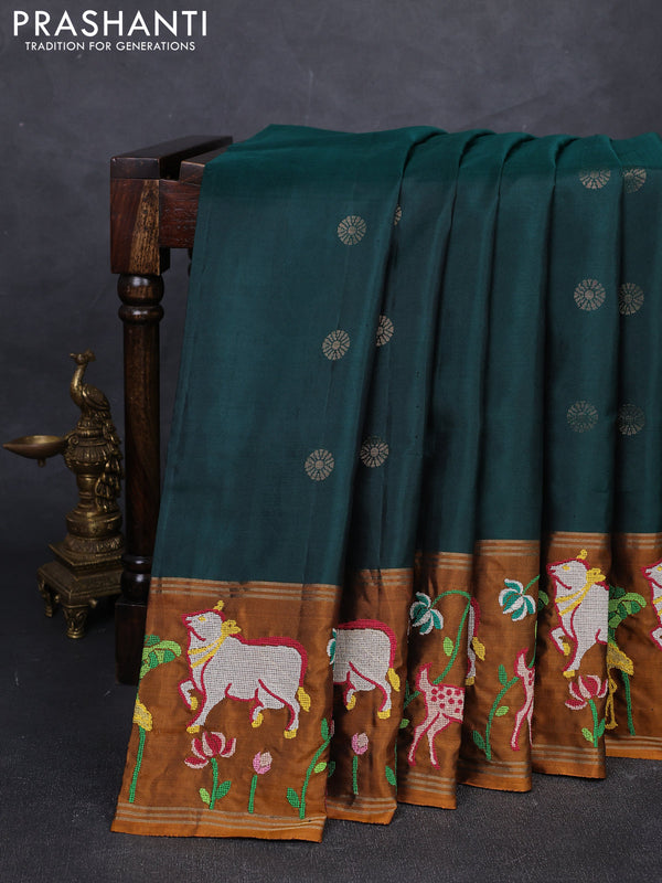 Bottle Green & Mustard Pure Soft Silk - Embroidery