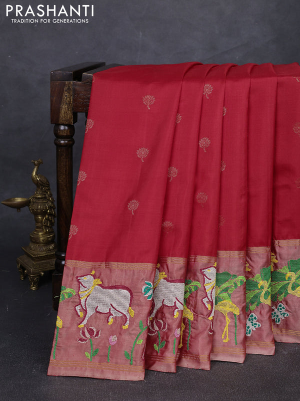 Red & Peach Pure Soft Silk - Embroidery