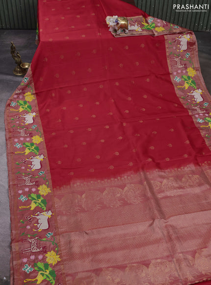 Red & Peach Pure Soft Silk - Embroidery