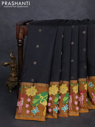 Black & Mustard Pure Soft Silk - Embroidery