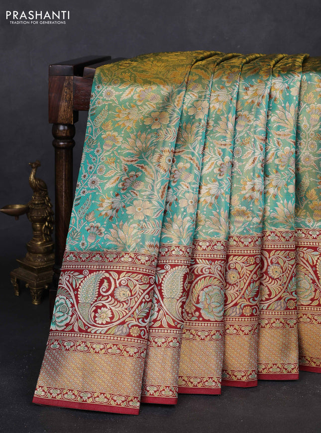 Teal Blue & Maroon Pure Kanchipuram Tissue Silk - Mina Border
