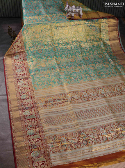Teal Blue & Maroon Pure Kanchipuram Tissue Silk - Mina Border