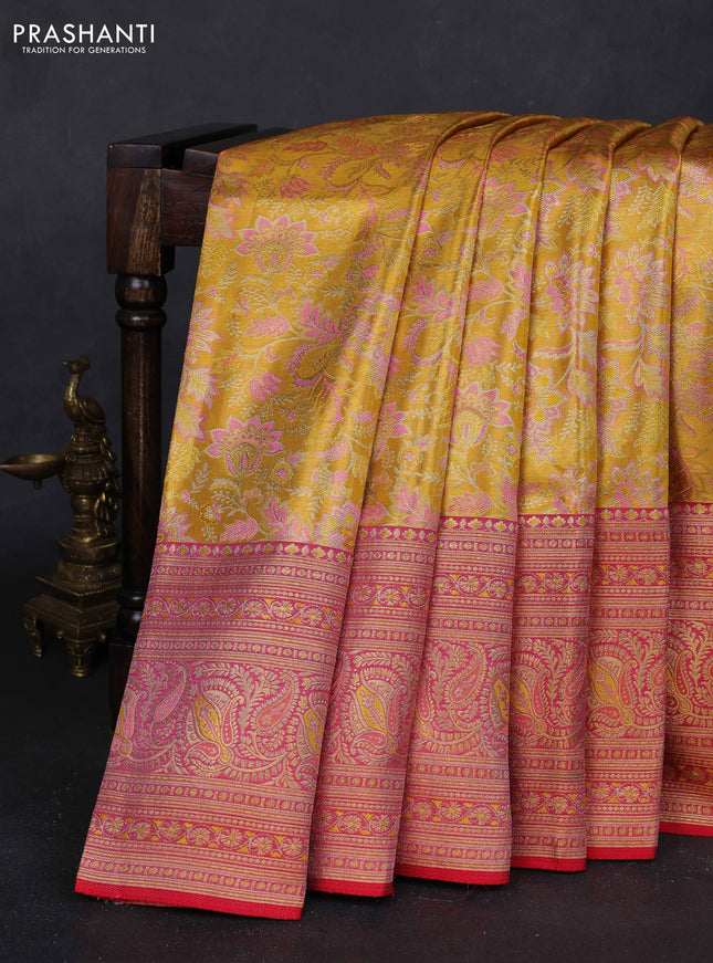 Mustard Yellow & Red Pure Kanchipuram Tissue Silk - Mina Border