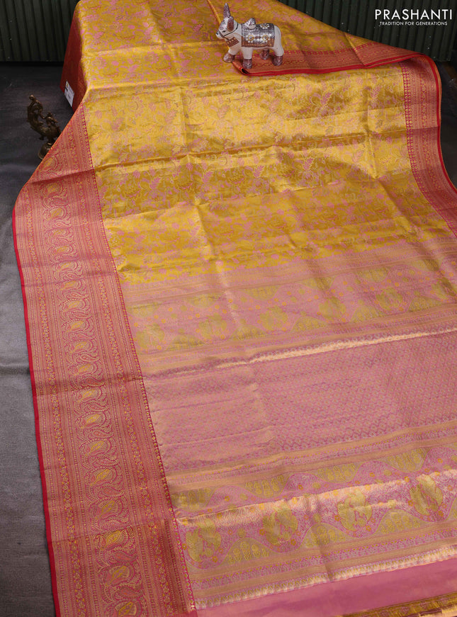 Mustard Yellow & Red Pure Kanchipuram Tissue Silk - Mina Border