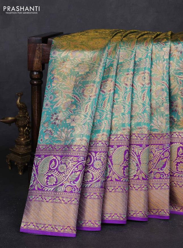 Teal Green & Purple Pure Kanchipuram Tissue Silk - Mina Border