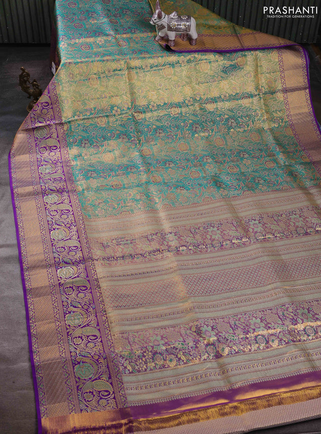 Teal Green & Purple Pure Kanchipuram Tissue Silk - Mina Border