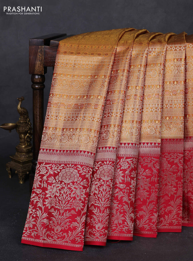 Mustard Yellow & Red Pure Kanchipuram Tissue Silk - Mina Border