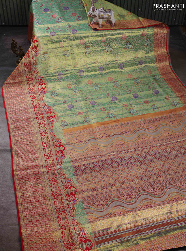 Green & Red Pure Kanchipuram Tissue Silk - Mina Border