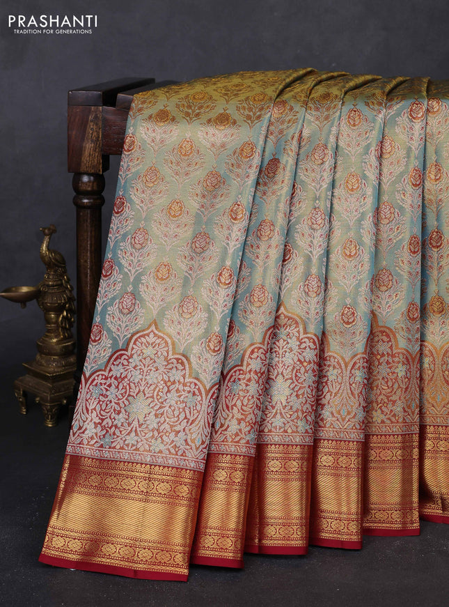 Pastel Green & Maroon Pure Kanchipuram Tissue Silk - Mina Border